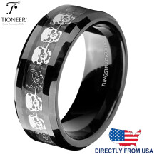 Aliança de casamento Tioneer em carboneto de tungstênio, prata, com caveira e cravação de diamantes, ajuste confortável, masculina, 8 mm.