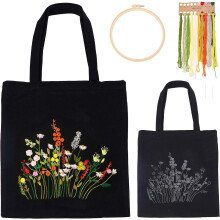 DIY embroidery kit for canvas tote bag with pattern, hoops,