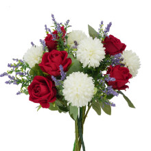HO2NLE Künstlicher Blumenstrauß mit roten Rosen und Chrysanthemen, 30 cm großes Seidenblumenarrangement für Zuhause, Hochzeit, Muttertag,