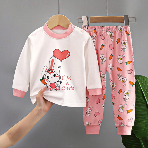Barnpyjamasset, långärmad, rund hals, ren bomull, rosa, 2-3 år 1