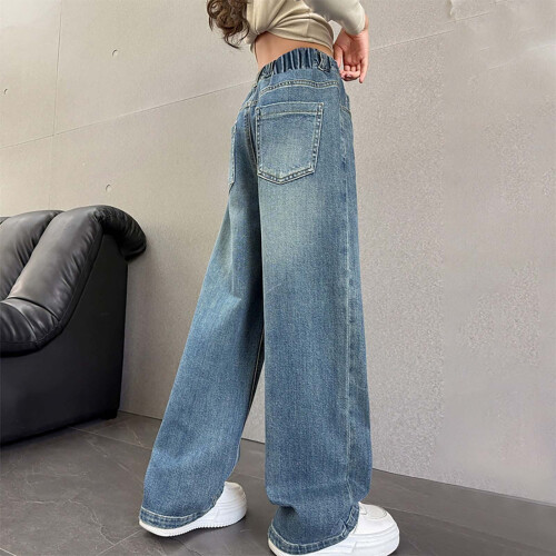 Jeans droits pour filles, coupe ample, en denim souple