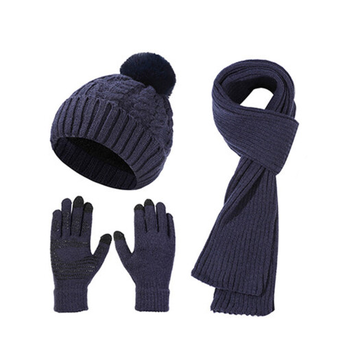 Conjunto feminino de gorro, cachecol e luvas de lã com trama dupla. 2