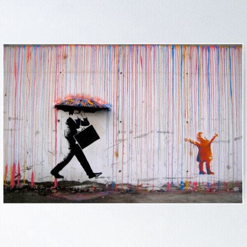 NY Banksy-poster med paraply, regnbåge och glad flicka