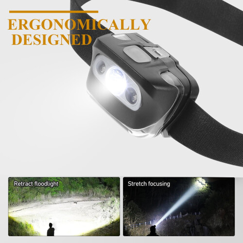 Lanterna de cabeça para camping, ajustável, com USB, ABS, para corrida noturna. 2