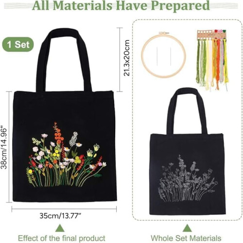 DIY embroidery kit for canvas tote bag with pattern, hoops, 1