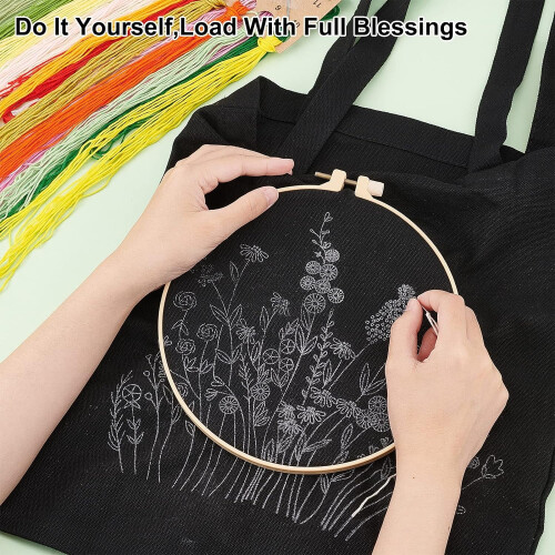 DIY embroidery kit for canvas tote bag with pattern, hoops, 2
