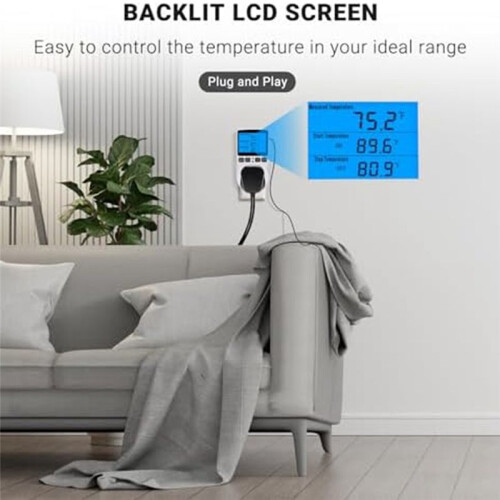 Plug-in Thermostat Temperature Controller Socket Heating Cooling Control Timer 1800W 110V 15A Backlit Display US Plug 1