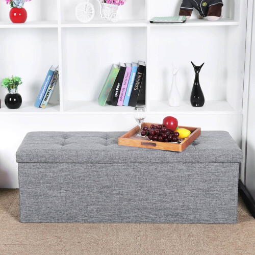 Folding Storage Ottoman - Linen Fabric - Light Grey - Large Size with Storage Compartment 2