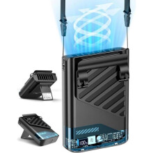 Genopladelig bærbar ventilator, LED-display, Hals-/hånd-/skrivebords-/bælteventilator, 5 hastigheder, Mini powerbank-ventilator, K