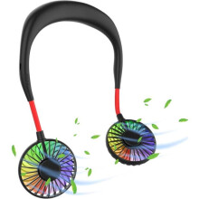 USB-halsventilator - Lydløs - 3 hastigheder - LED-lys - Bærbar - Til udendørs brug, camping, rejser, sport - Sort/Rød