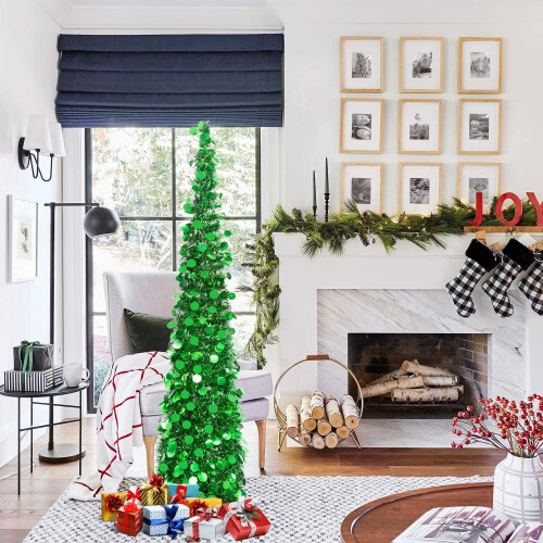 Christmas Tinsel Slim Tree Green 5FT with Sequins 2