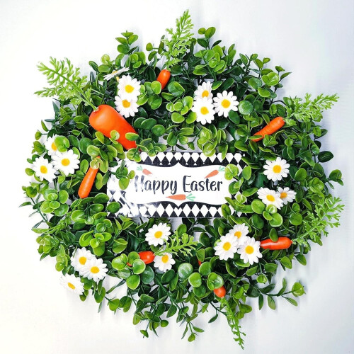 Coroană de Paște din plastic cu margarete, morcov și eucalipt, 30 cm 1
