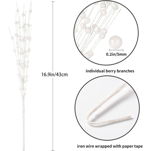 Hastes de frutinhas artificiais com glitter branco, 10 unidades, 40 cm (15,7 polegadas) 1