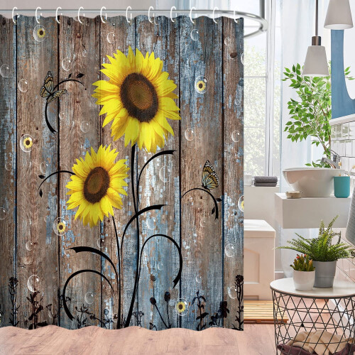 Duschvorhang mit Sonnenblumenmuster, rustikales Blumenmuster, 183 x 213 cm 1