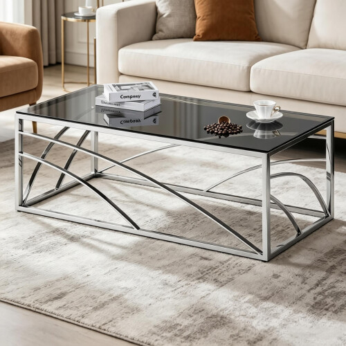 AINPECCA Silver Coffee Table Stainless Steel Tempered Glass