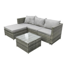COZYBRITE Garden Corner Sofa Rattan Furniture Set 4 Seater Patio Outdoor Lounge Settee with Glass Coffee Table All-weather SFS066 (Mix Grey Rattan+Gr