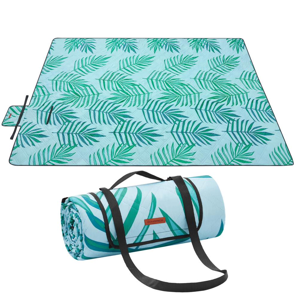 Songmics Picnic Blanket, 300 X 200 Cm, Large Waterproof Picnic Mat For Camping, Park, Garden, Beach, Machine Washable, Foldable, Fern Pattern And Blu