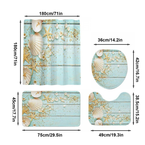 Ensemble rideau de douche de plage avec tapis et couvre-abattant 4 pièces 2