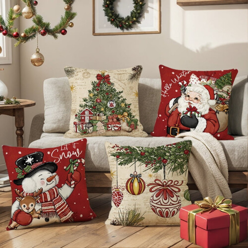 Capa de almofada de linho com o Papai Noel, 45x45 cm (18x18 polegadas) 1