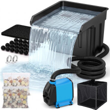 Pond Waterfall Spillway Kit, Pond Waterfall Filter with 3700L/h Quiet Pond Pump & Filter Cage, 4m Corrugated Tubing, Filter Media for Outdoor Ponds u