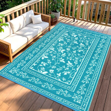 TUKDAK Blue Outdoor Rugs for Patios Waterproof 150x245cm, Reversible Large Garden Rug, Summer Foldable Outside Rug, Recycled Plastic UV Resistant Cam