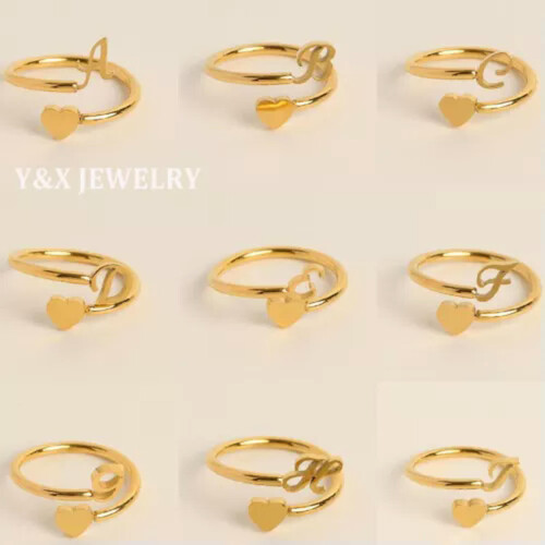 Herzring mit Initialen AZ, Edelstahl, Gold, Damen 2