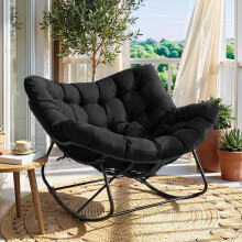 LIFERUN Rattan Rocking Chair 110x102x72cm, Oversized Wicker Outdoor Egg Chair with Waterproof Removable Cushion & Straps, Metal Frame, 150kg Large Su