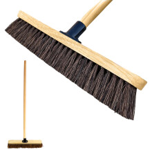 LS 18” Outdoor Garden Broom Heavy Duty Yard Brush with Wooden Handle Natural Stiff Bassine Bristles & Metal Support Bracket Outdoor Cleaning & Sweep