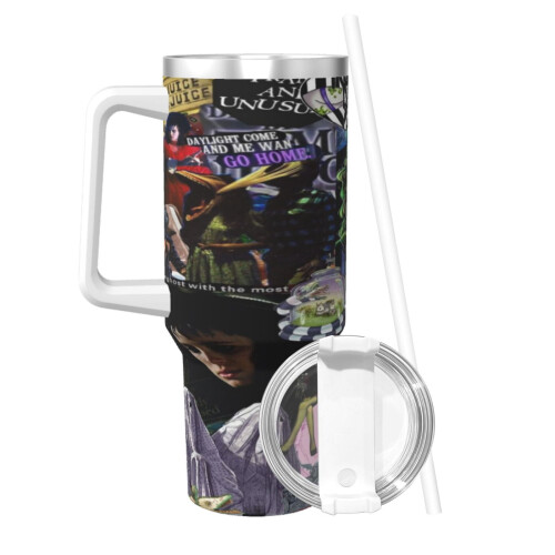 Copo Beetlejuice de aço inoxidável de 40 oz com alça e 2