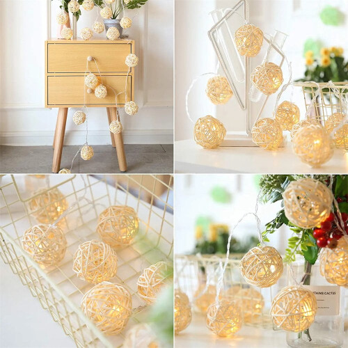 LEEYNEER Lichterkette mit 20 LED-Rattankugeln, 3 m 2