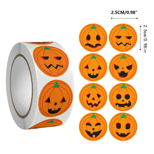 XIAOLE Ρολάκια Αυτοκόλλητων για το Halloween - 500 τεμάχια, Αστεία Πρόσωπα Κολοκύθας, 2