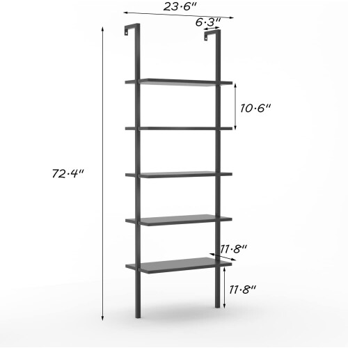 Wall Mount Bookcase with Wood Metal Frame 5 Shelves Black 2