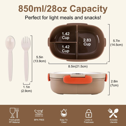 Lunch Box for Adults with Utensils 28 oz 3-Compartment 2