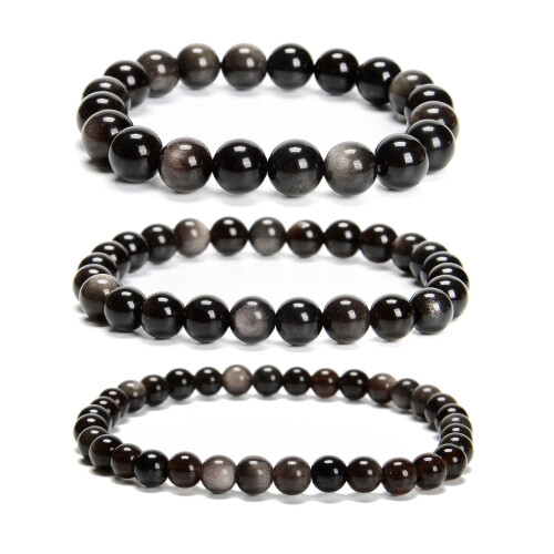 Silver obsidian round beaded bracelet 6/8/10mm 7.5 inch 3 1