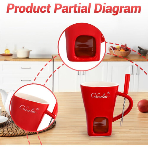 (Red) Chocolate Ceramic Fondue Mug with Fork, Melting Chocolate Pot, Cheese Warmer Cup 2