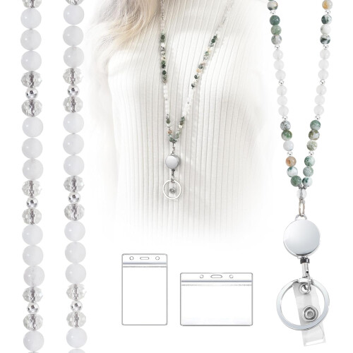 ID badge lanyard with natural stone beads, agate, 1pc 1