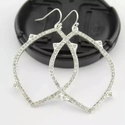 Kristall-Pavé-Ohrringe mit ovalem, offenem Design, Silber 2