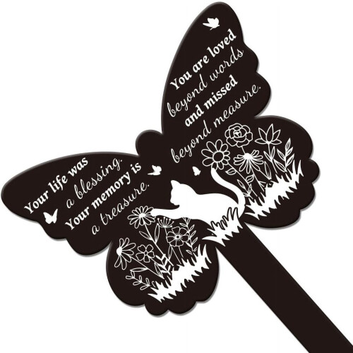 Placa comemorativa de jardim com borboleta, flor silvestre e gato (1 peça) 1