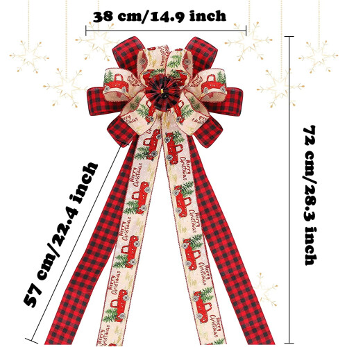 Christmas tree topper buffalo plaid bow red black burlap 1