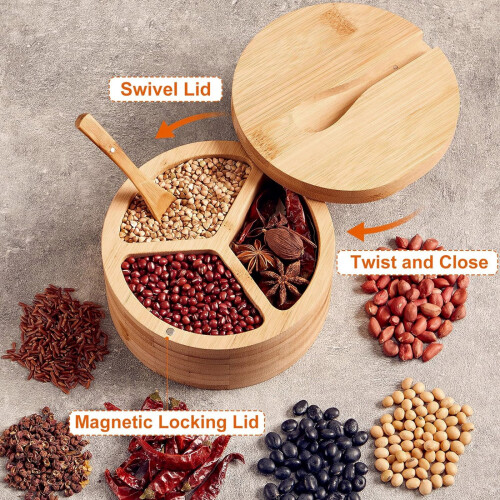 Bamboo Salt and Pepper Box with Built-in Spoon, 2