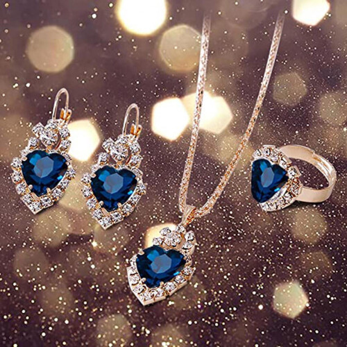 Roséguld Hjärthalsband Örhängen Ring Set 3 st 2