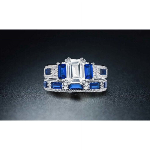 18k White Gold Emerald Cut Sapphire Ring Set 4.00 cttw 2