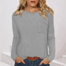 SYMOID Womens Gray Waffle Knit Top - Long Sleeve Crew Neck, Stretchy Relaxed Fit with Chest Pocket, Casual Daily Layering Wear (S-XXL),Size M