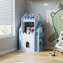 3-Tier Castle Shaped Kids Rotating Bookshelf - White & Blue, PVC Wood Plastic Composite Freestanding Toy Storage Rack 45x45x75cm Easy Assembly