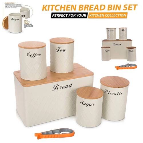 Cream Bread Bin & Tea Coffee 5Pcs Canister Set 1