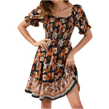 Robe d'été pour femme, col carré, manches bouffantes, style bohème fleuri