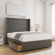 (Grey, 5ft King (with Mattress)) Alina Divan Double Bed Plush Velvet 54” Winged Headboard Built-in 2 Drawers Storage Mattress