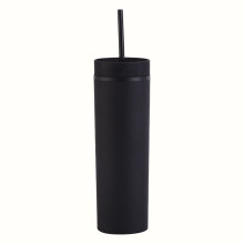 Tenký plastový hrnek s dvojitou stěnou, 16 oz, černý s víčkem a
