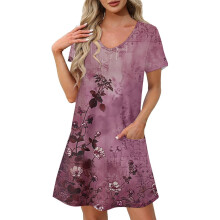 Watermelon Red Women's V-Neck Spandex Dress Short Sleeve
