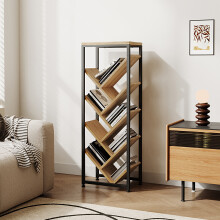 8-Tier Vintage Chevron Narrow Bookshelf 37.5x25x104.5cm 15mm E1 Particle Board Slanted Book Storage Rack with Black Metal Frame